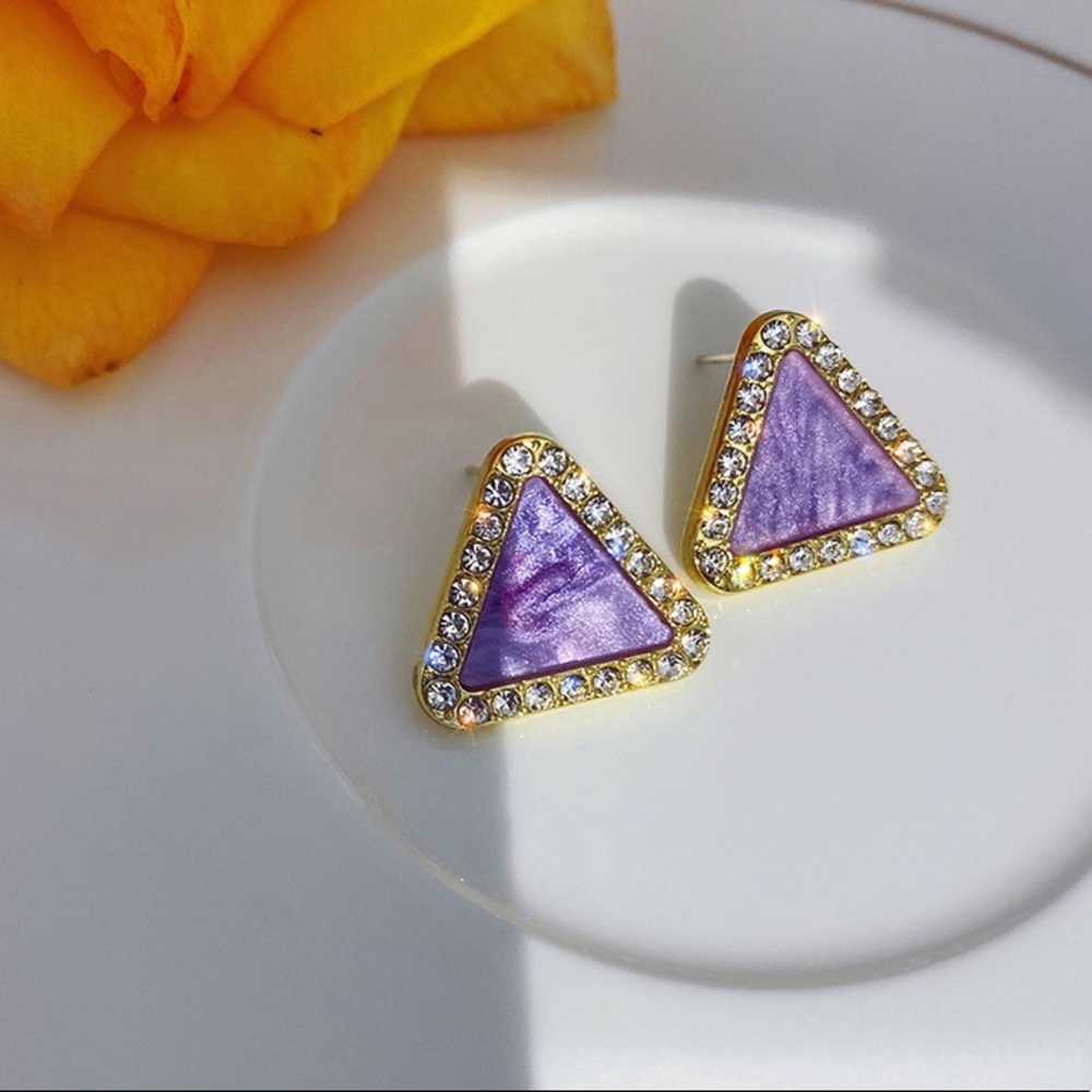 Crystal Purple Triangle Stud Earrings